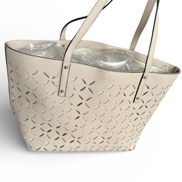 Kate Spade Laser-Cut Saffiano Tote Bag Neutral Beige Large Flawed